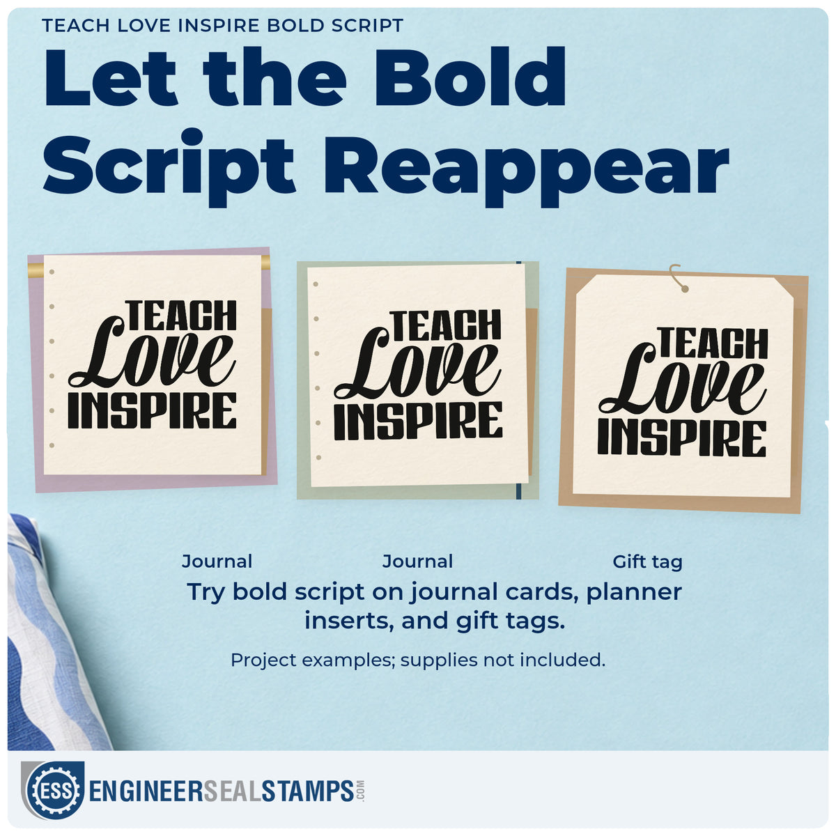 Three project examples made with the Teach Love Inspire Bold Script Rubber Stamp – Wood Handle, including cake box labels.