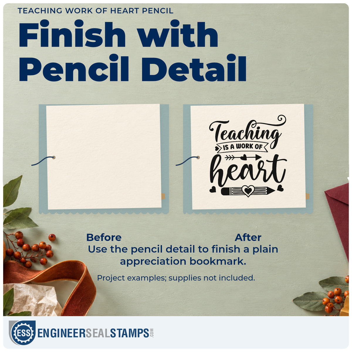 Before and after of a plain item finished with the Teaching Work Of Heart Pencil Arrow Self-Inking Craft Stamp, a quick upgrade for nomination seals.