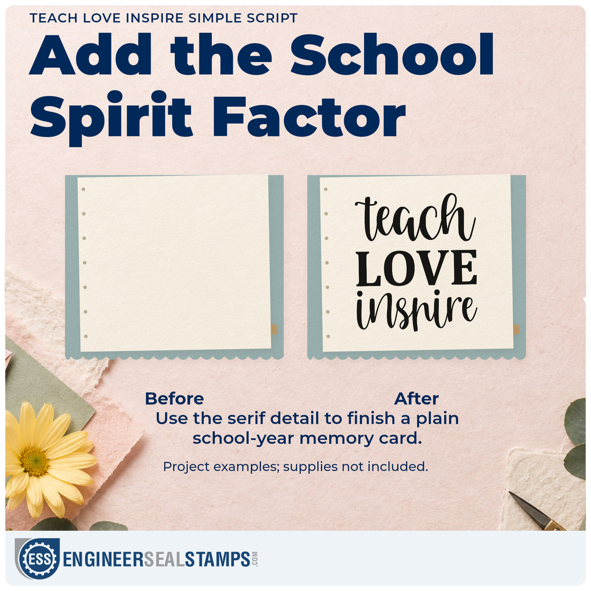 Before and after of a plain item finished with the Teach Love Inspire Simple Script Wood-Mounted Rubber Stamp, a quick upgrade for gold foil seals.
