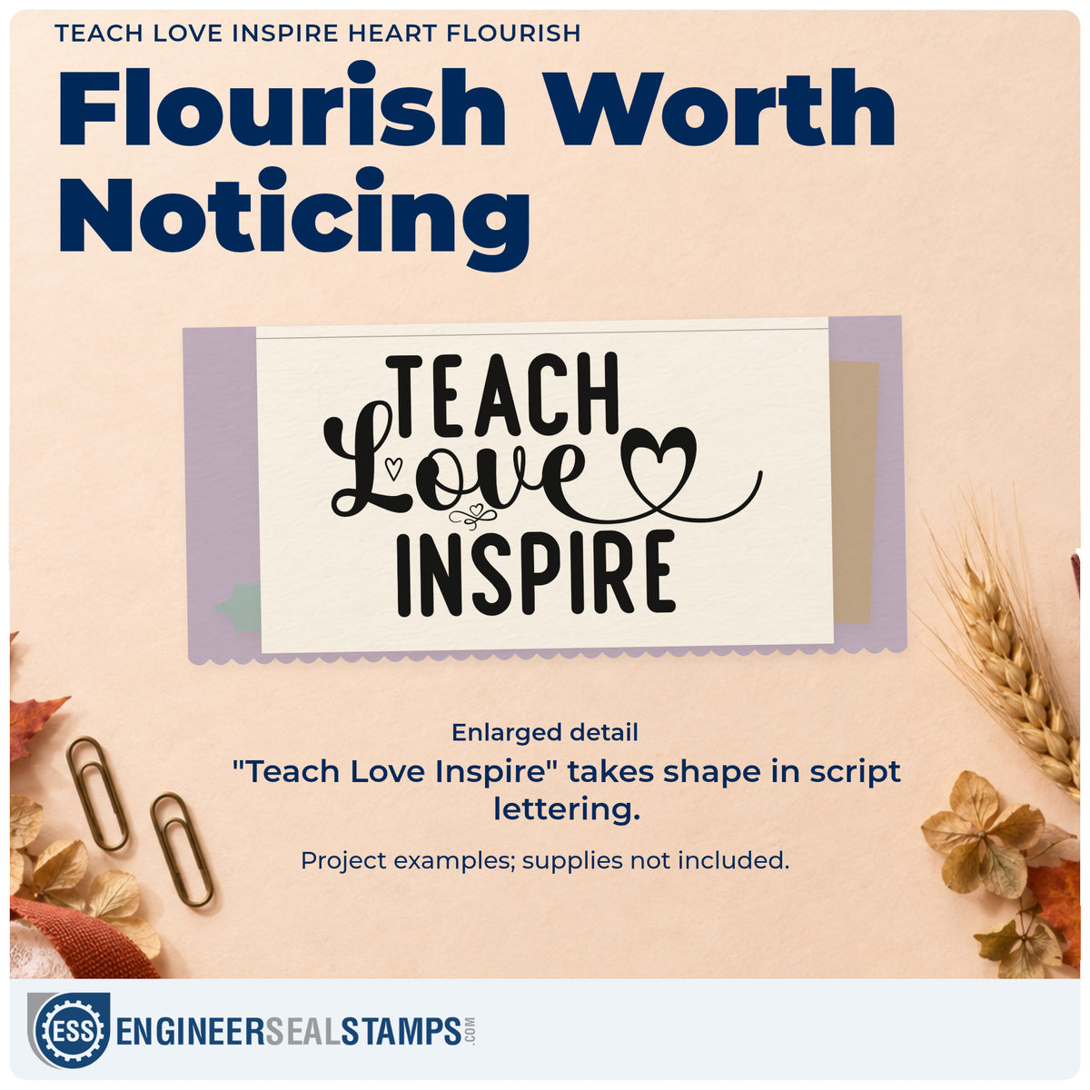 Enlarged detail of the Teach Love Inspire Heart Flourished Lettering Rubber Stamp – Wood Handle imprint. “Teach Love Inspire” features small hearts and a long heart-shaped script flourish.