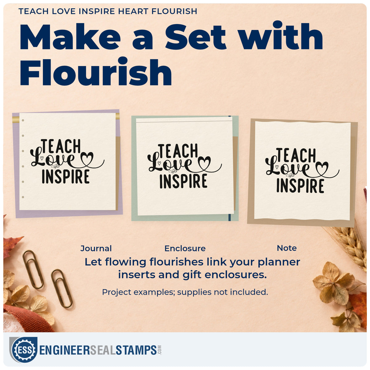 Three project examples made with the Teach Love Inspire Heart Flourished Lettering Slim Pre-Inked Stamp, including candy tin labels.