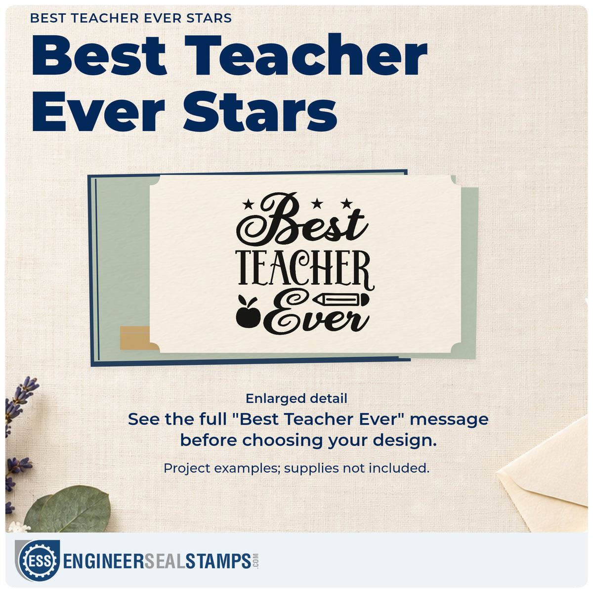 Enlarged detail of the Best Teacher Ever Slim Pre-Inked Stamp imprint. “Best Teacher Ever” is accented with stars, an apple, and a pencil.