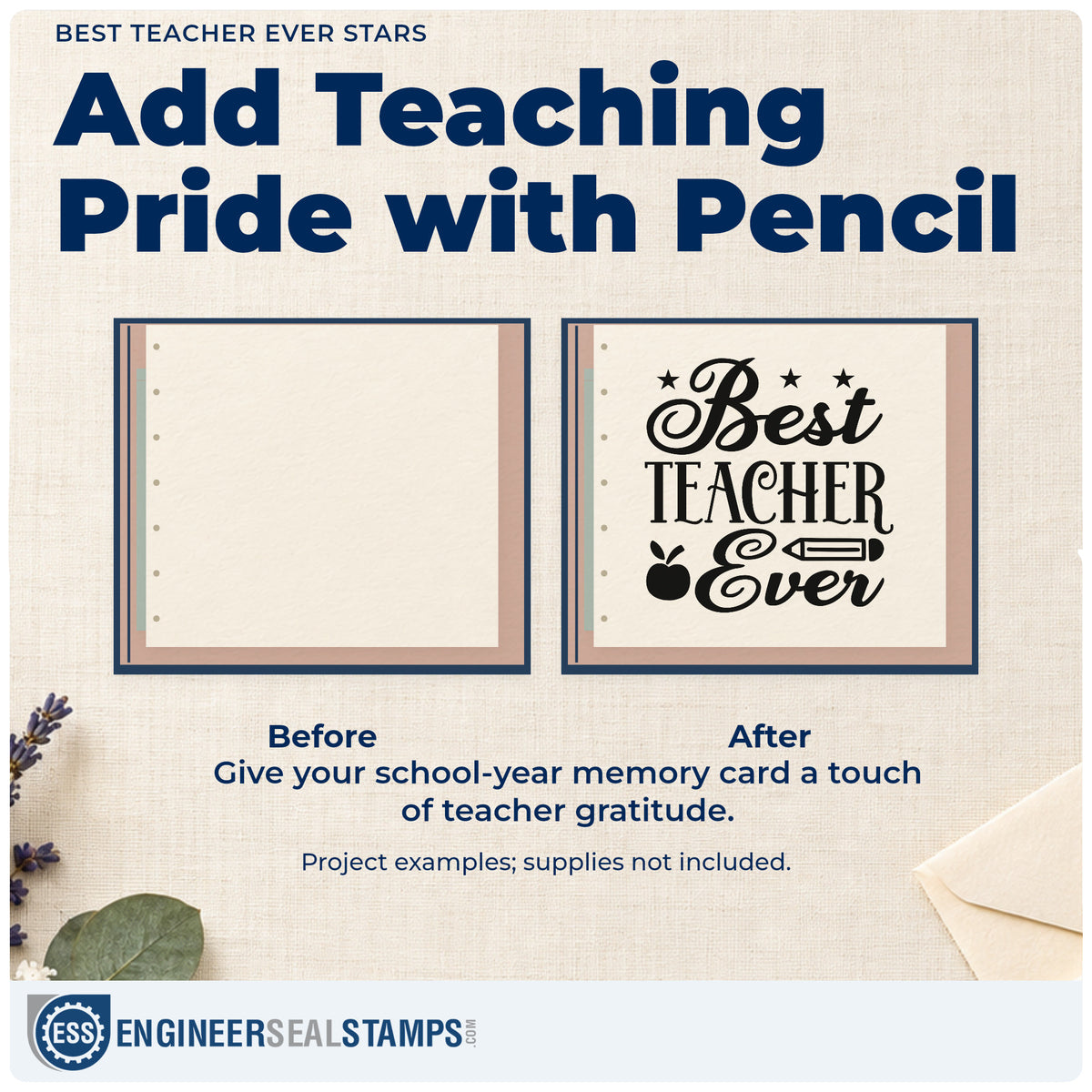 Before and after of a plain item finished with the Best Teacher Ever Stamp – PSI Pre-Inked, a quick upgrade for ballot slip seals.