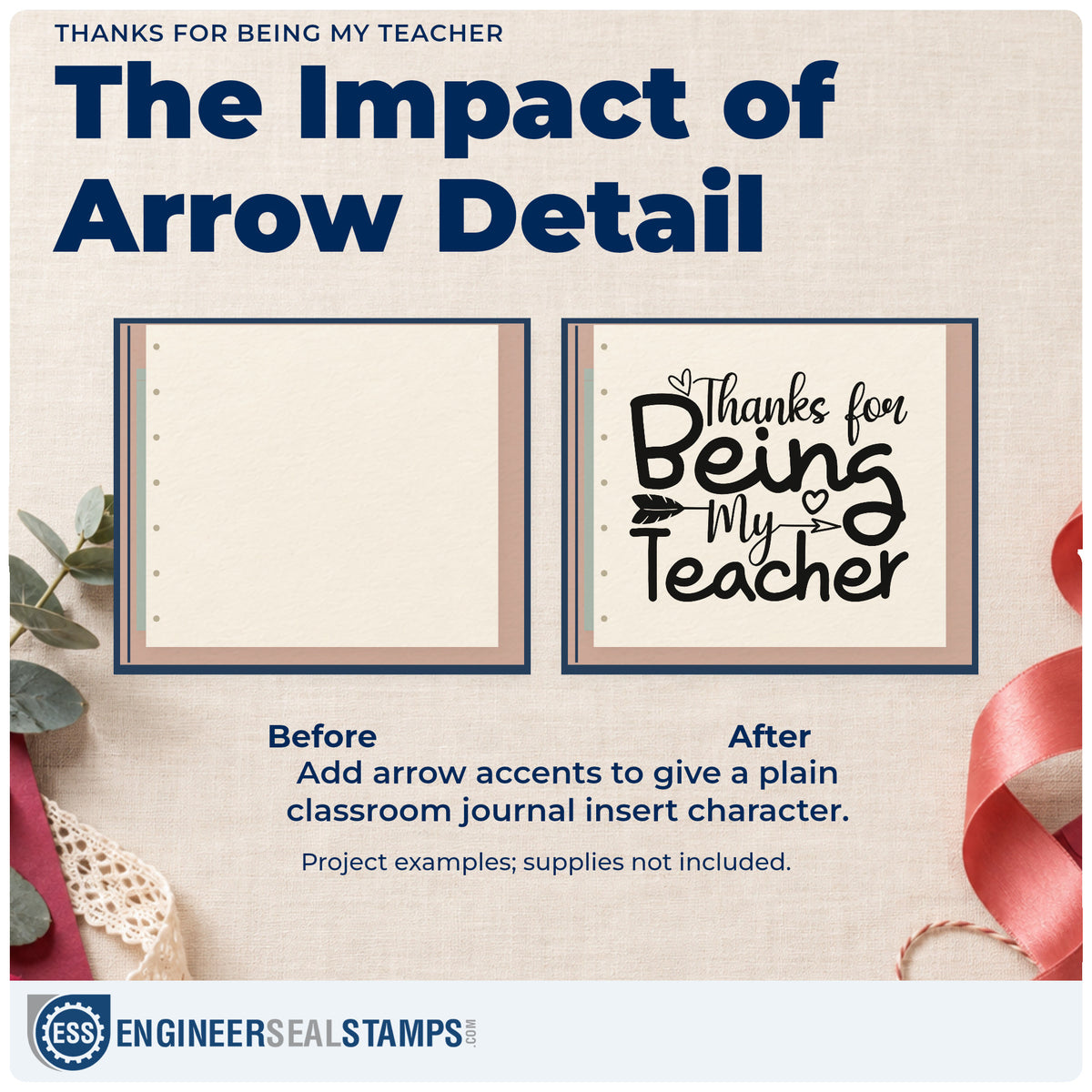 Before and after of a plain item finished with the Thanks For Being My Teacher Stamp – Slim Pre-Inked, a quick upgrade for letter fold seals.