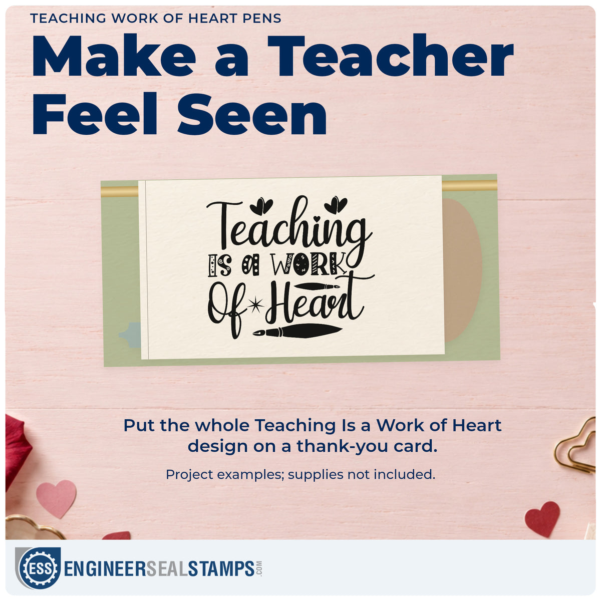 A finished handmade project stamped with the Work Of Heart With Two Fountain Pens Self-Inking Stamp, ideal for pen club tags.