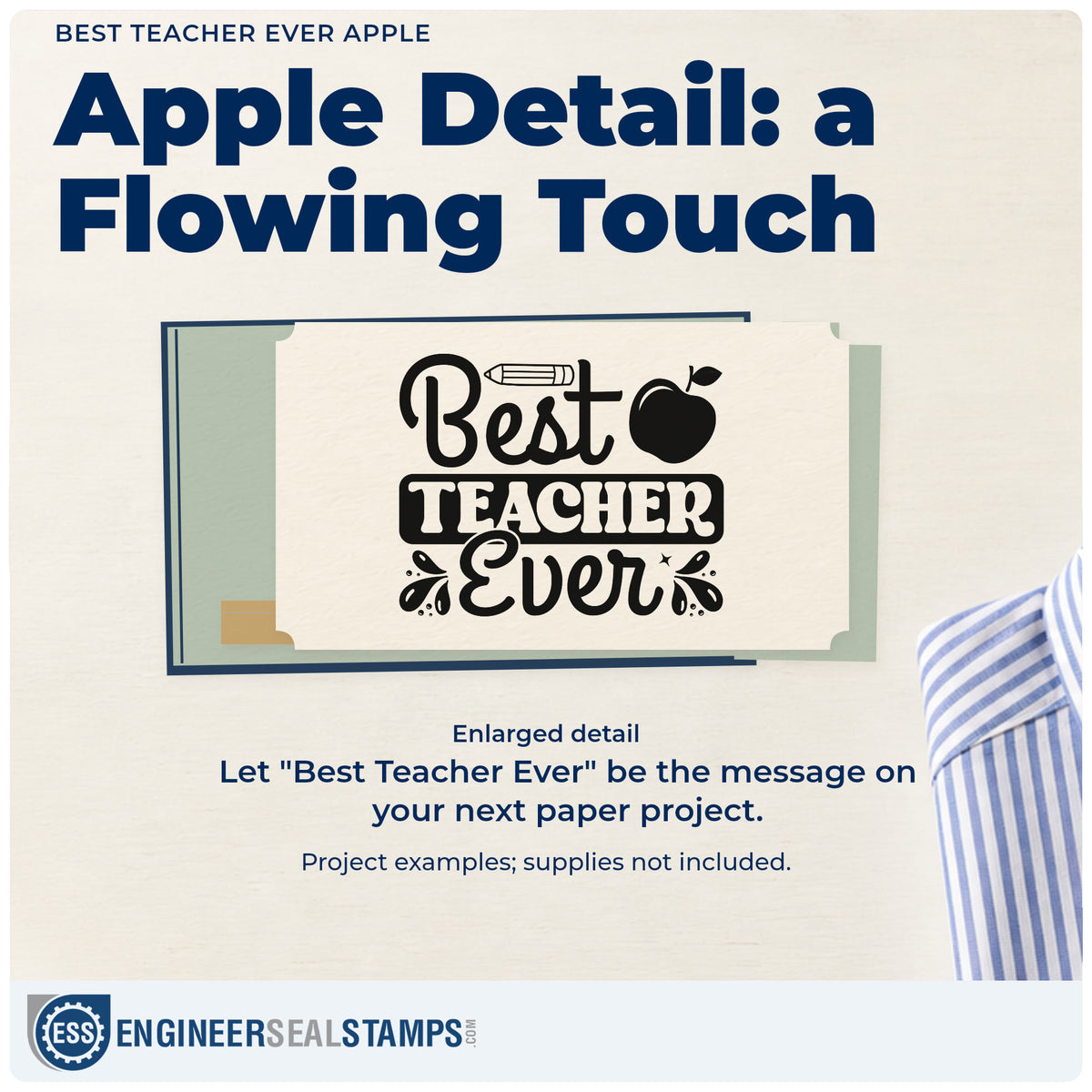 Enlarged detail of the Pre-Inked Best Teacher Ever Apple Pencil Stamp – PSI imprint. “Best Teacher Ever” features a pencil, apple, dark banner, and small decorative flourishes.