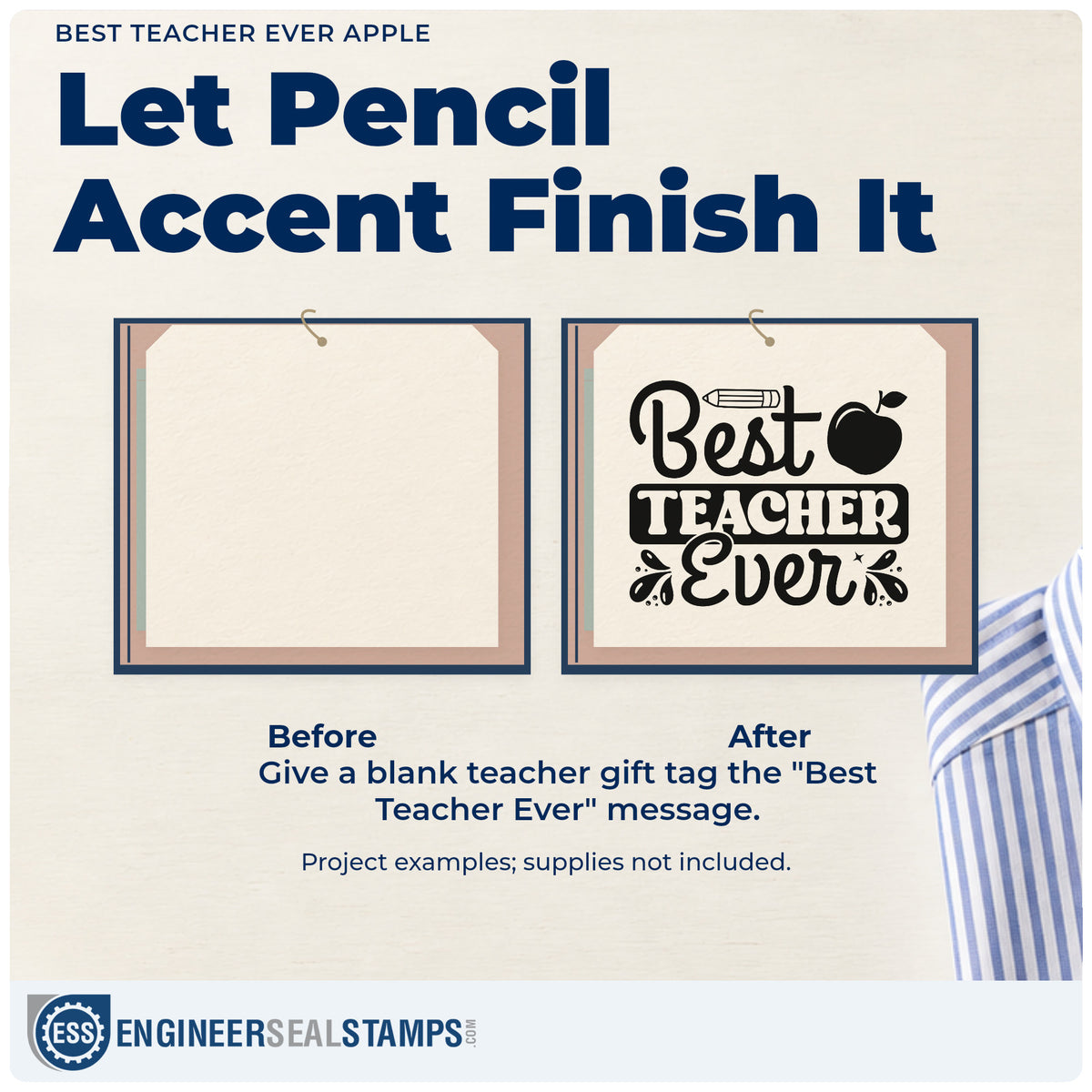 Before and after of a plain item finished with the Best Teacher Ever Apple Pencil Pre-Inked Stamp – Slim, a quick upgrade for invitation card seals.