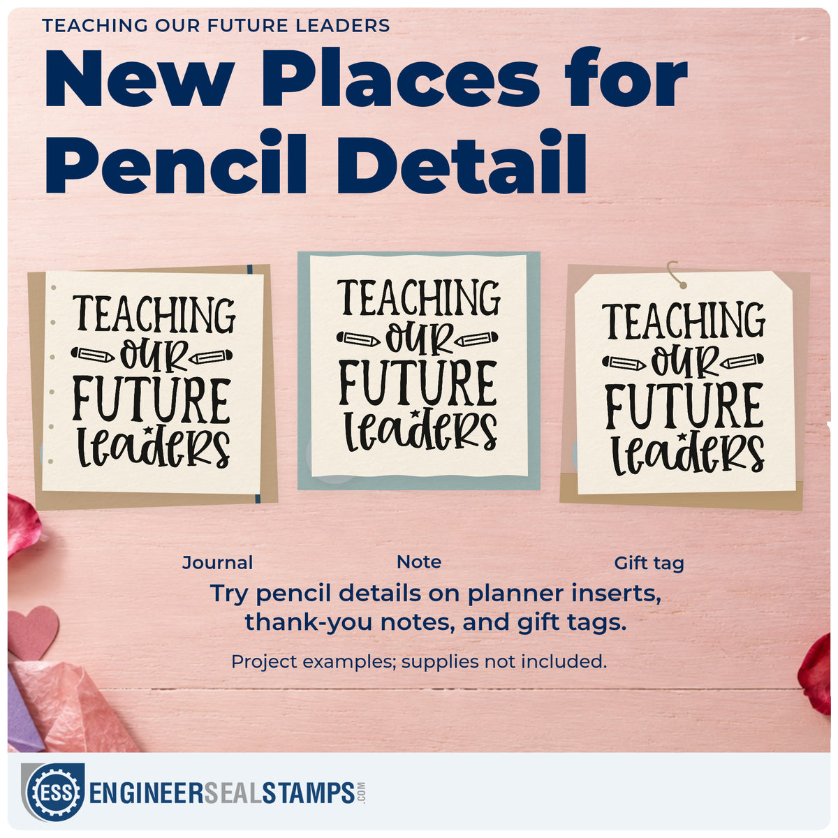 Three project examples made with the Teaching Our Future Leaders Pencil Stamp – Wood Handle, including mentor file labels.