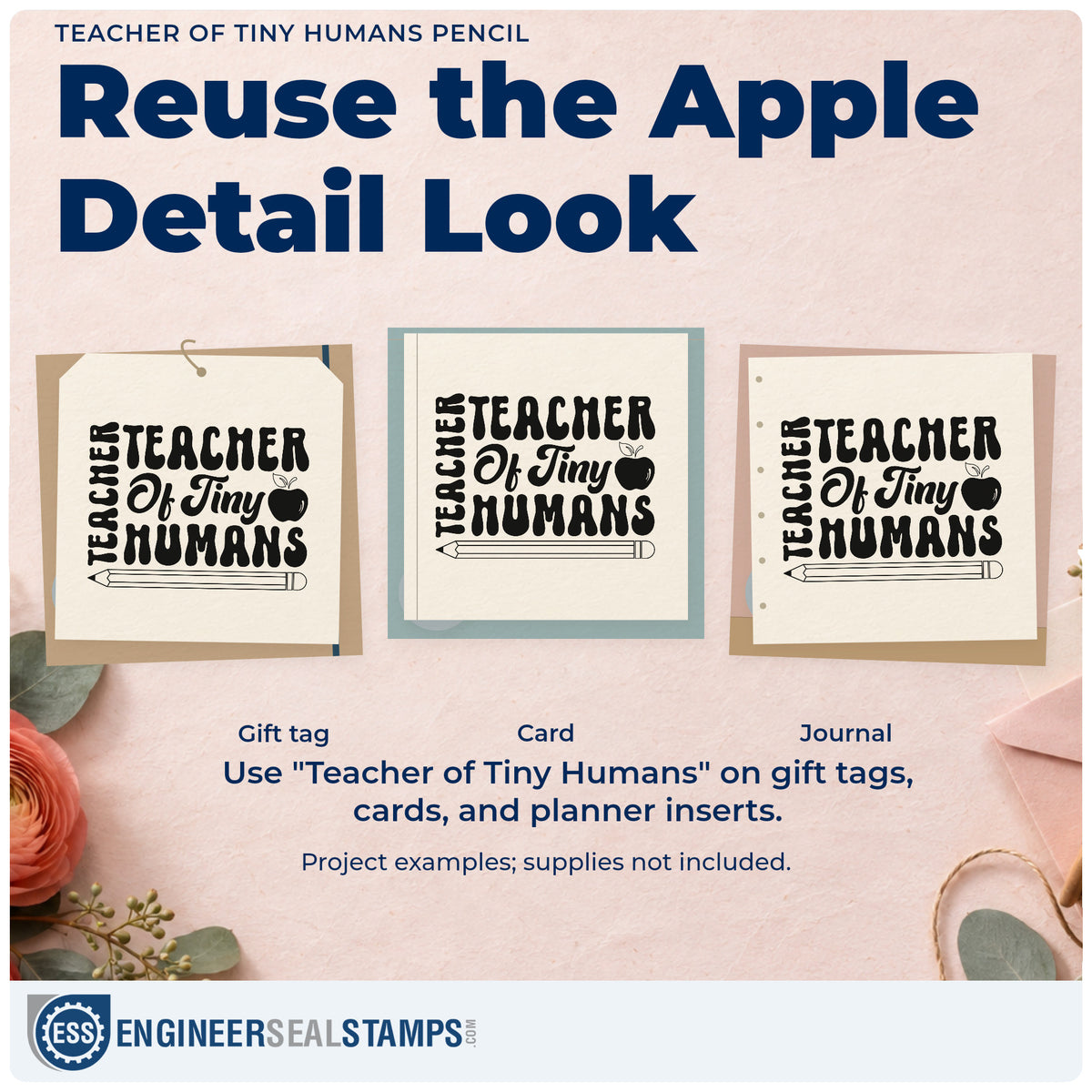 Three project examples made with the Teacher Of Tiny Humans Pencil Rubber Stamp – Wood Handle, including peg label strips.