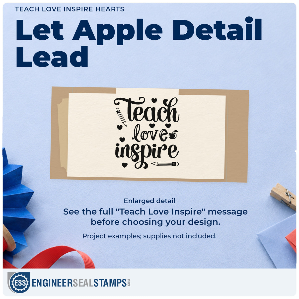 Enlarged detail of the Teach Love Inspire Apple Rubber Stamp – Duo Hand imprint. “Teach Love Inspire” is surrounded by hearts, two pencils, and a small apple.