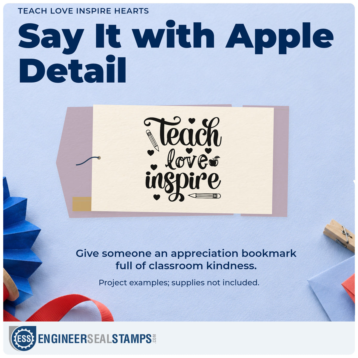 A finished handmade project stamped with the Wood Handle Teach Love Inspire Apple Rubber Stamp, ideal for kit bundle tags.