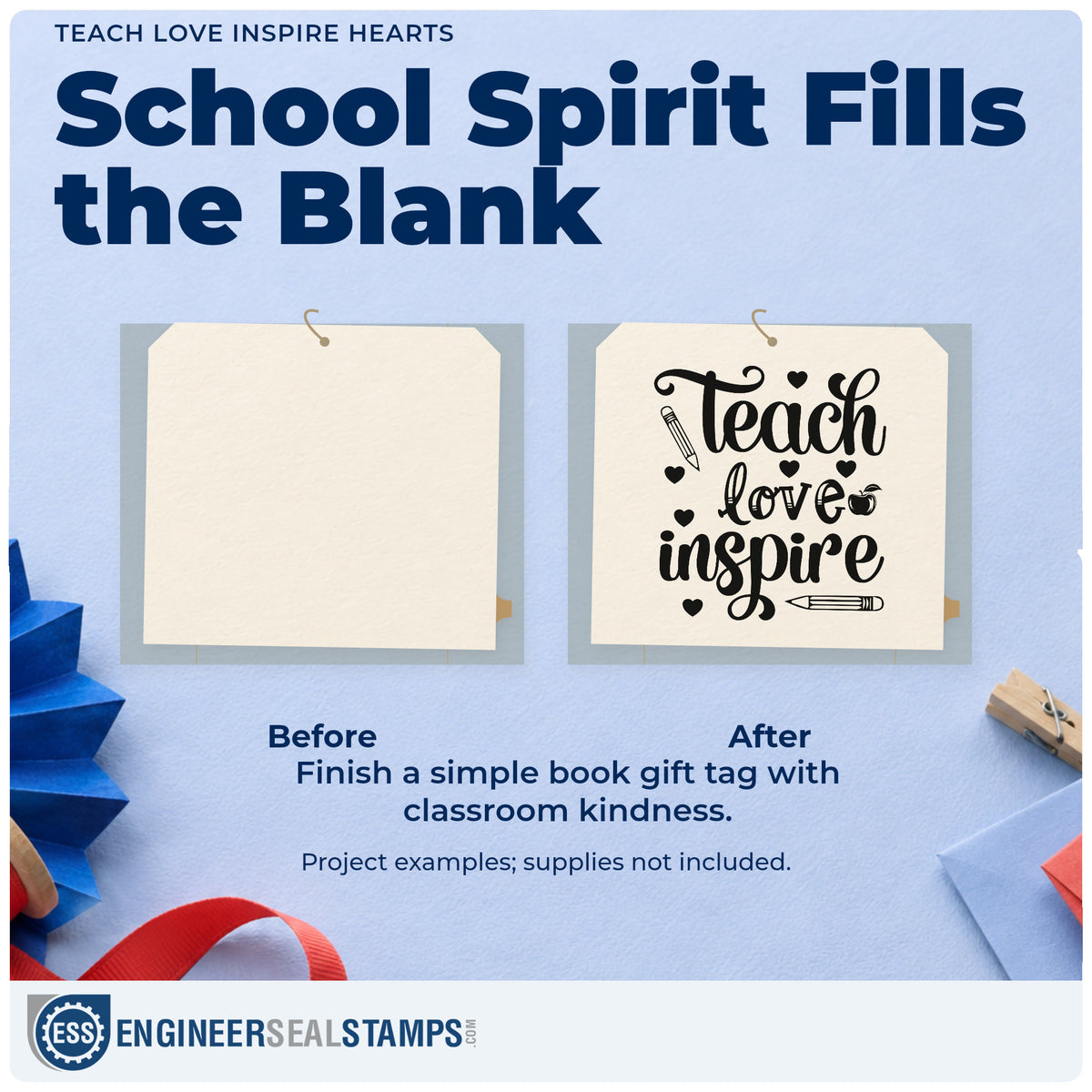 Before and after of a plain item finished with the Teach Love Inspire Apple Self-Inking Craft Stamp, a quick upgrade for bundle box seals.