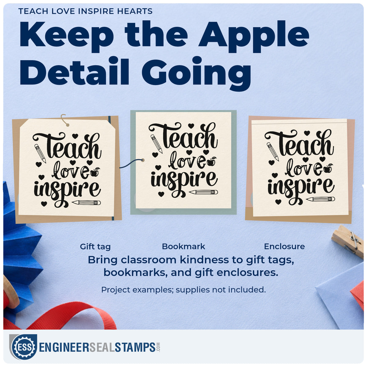 Three project examples made with the Teach Love Inspire Apple Rubber Stamp – Duo Hand, including drawer front labels.