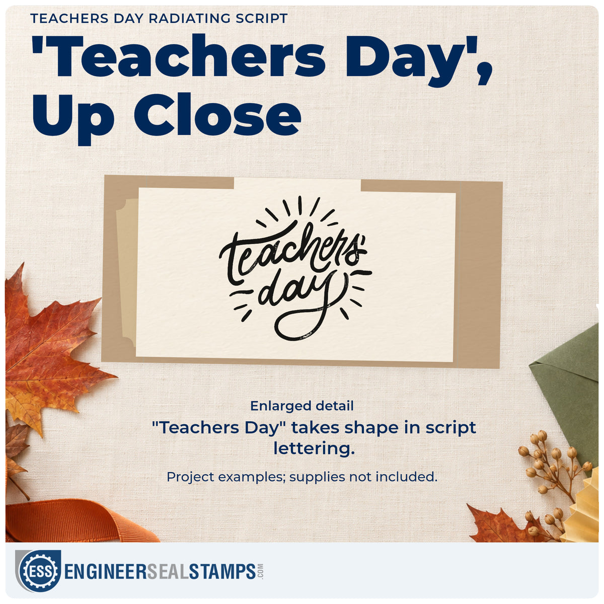 Enlarged detail of the Teachers Day Radiating Script Wood-Mounted Rubber Stamp imprint. Large script “Teachers Day” is surrounded by short radiating strokes.
