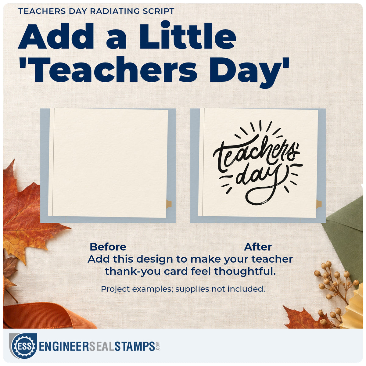 Before and after of a plain item finished with the Teachers Day Radiating Script Wood-Mounted Rubber Stamp, a quick upgrade for posy wrap seals.