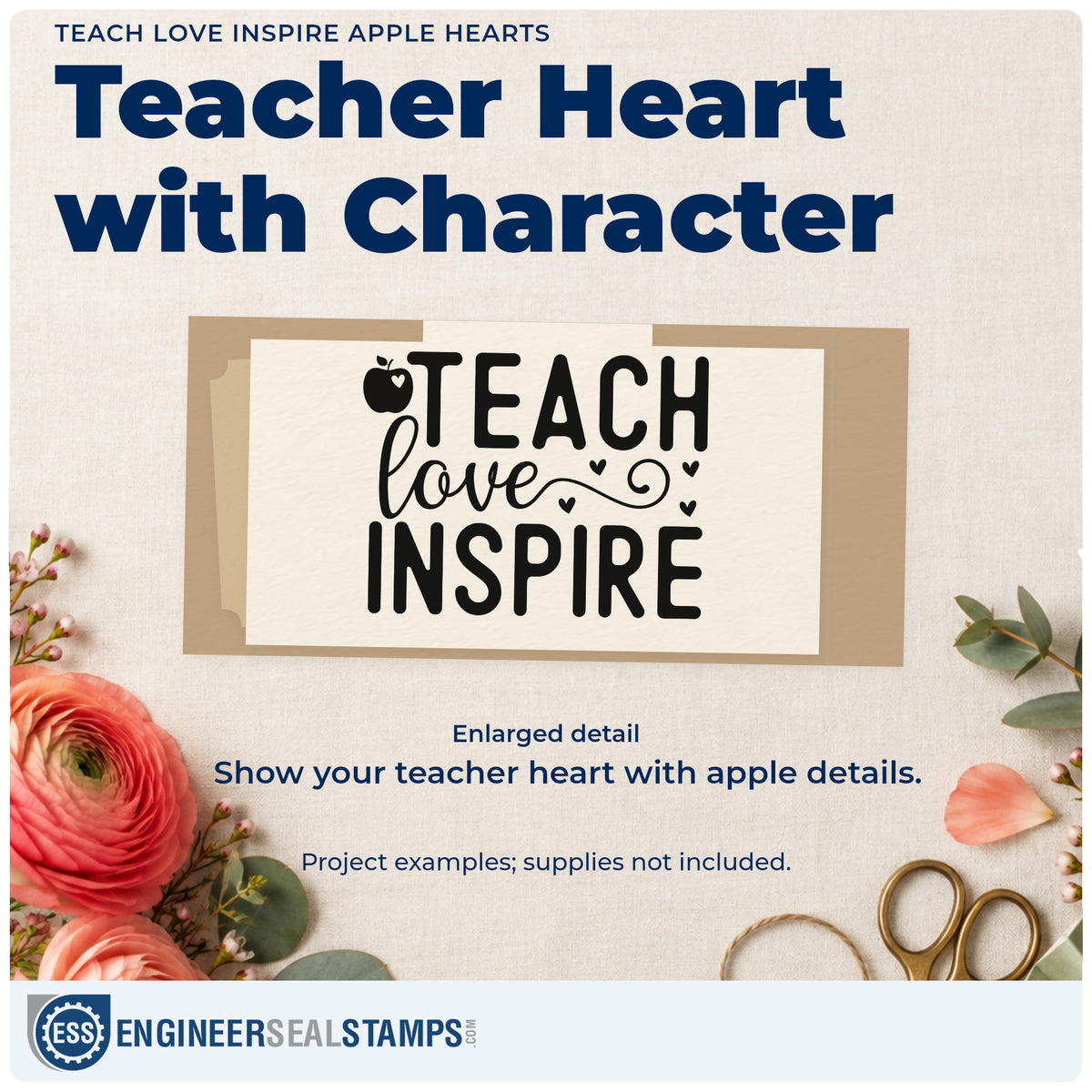Enlarged detail of the Teach Love Inspire Apple Hearts Stamp – Duo Hand imprint. “Teach Love Inspire” features an apple and a curling line with small hearts.