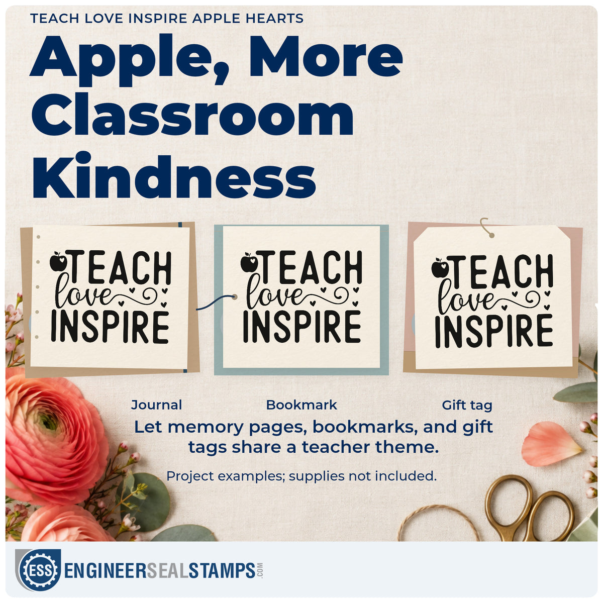 Three project examples made with the Teach Love Inspire Apple Hearts Pre-Inked Stamp – PSI, including herb pot labels.