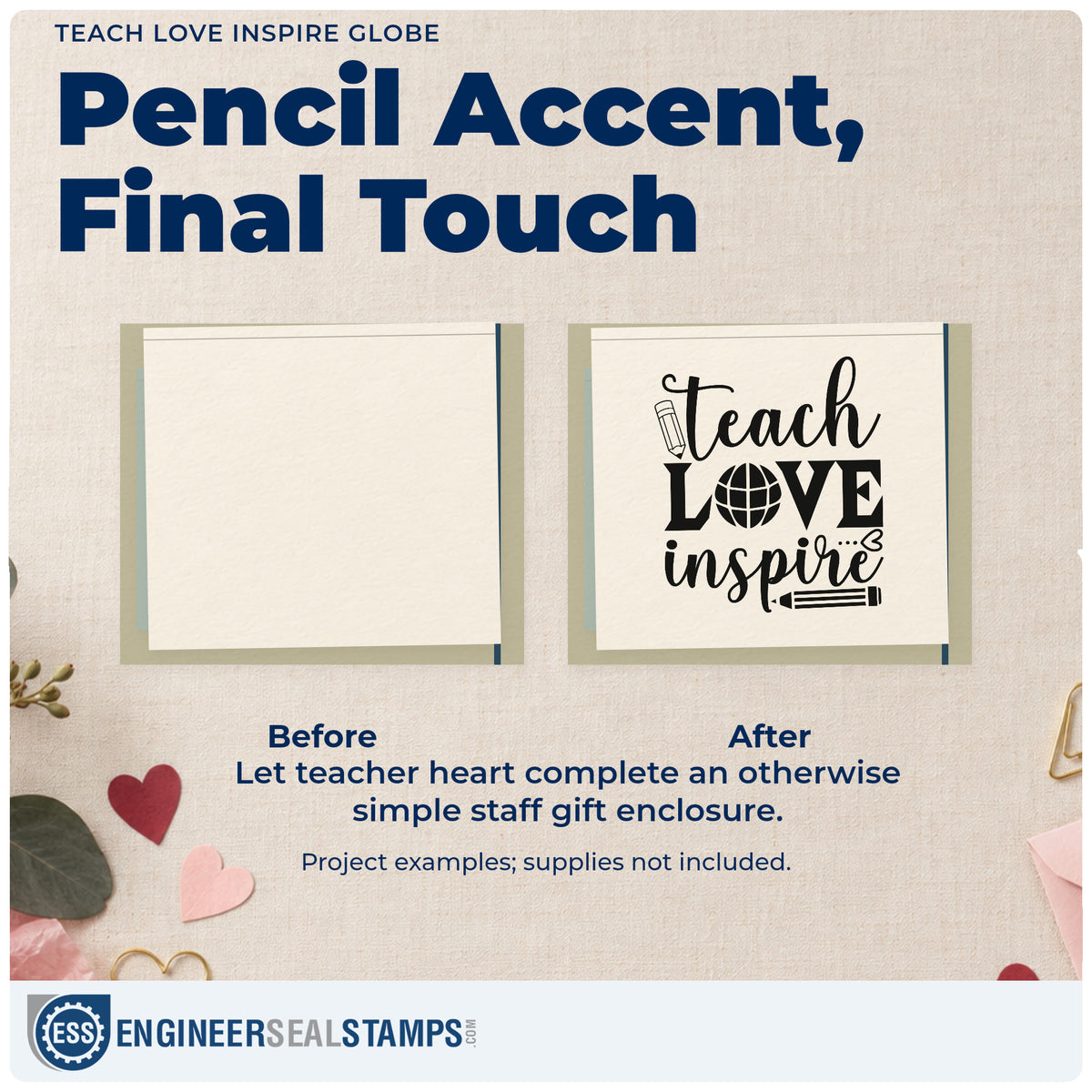 Before and after of a plain item finished with the Teach Love Inspire Globe Rubber Stamp – Duo Hand, a quick upgrade for postcard seals.