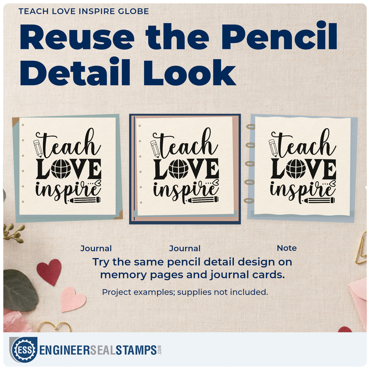 Three project examples made with the Teach Love Inspire Globe Rubber Stamp – Duo Hand, including suitcase tag labels.