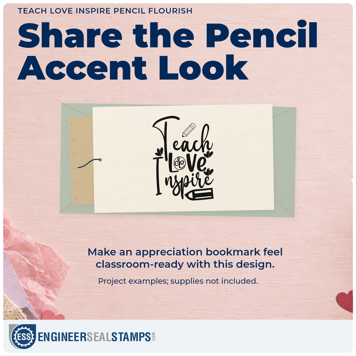 A finished handmade project stamped with the Two Pencils And Hearts Teach Love Inspire Slim Pre-Inked Stamp, ideal for alphabet set tags.