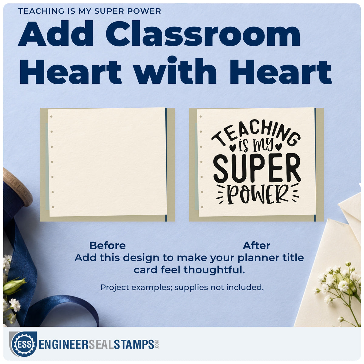 Before and after of a plain item finished with the Teaching Is My Super Power Hand Stamp – Duo, a quick upgrade for thank you seals.