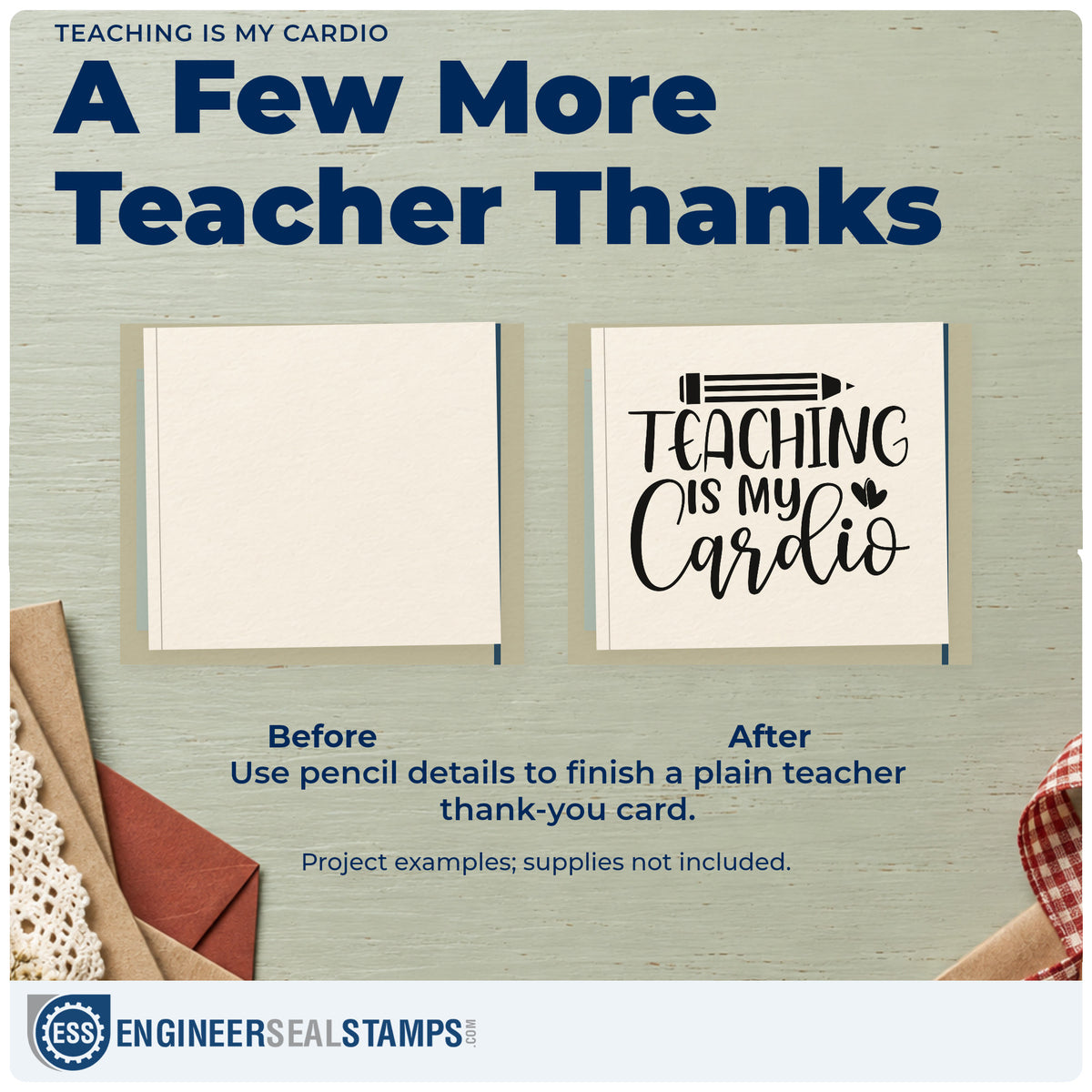 Before and after of a plain item finished with the Pencil And Heart Teaching Is My Cardio Rubber Stamp – Duo Hand, a quick upgrade for trainer bag seals.