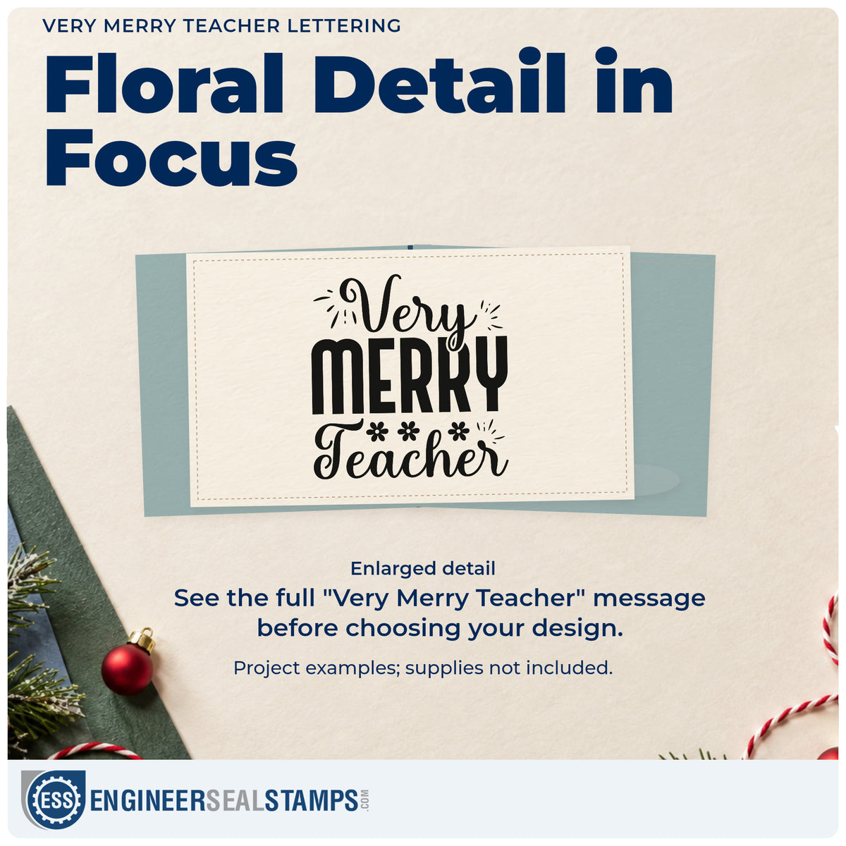 Enlarged detail of the Very Merry Teacher Lettering Craft Stamp – Self-Inking imprint. “Very Merry Teacher” is decorated with flower-like asterisks and celebratory strokes.
