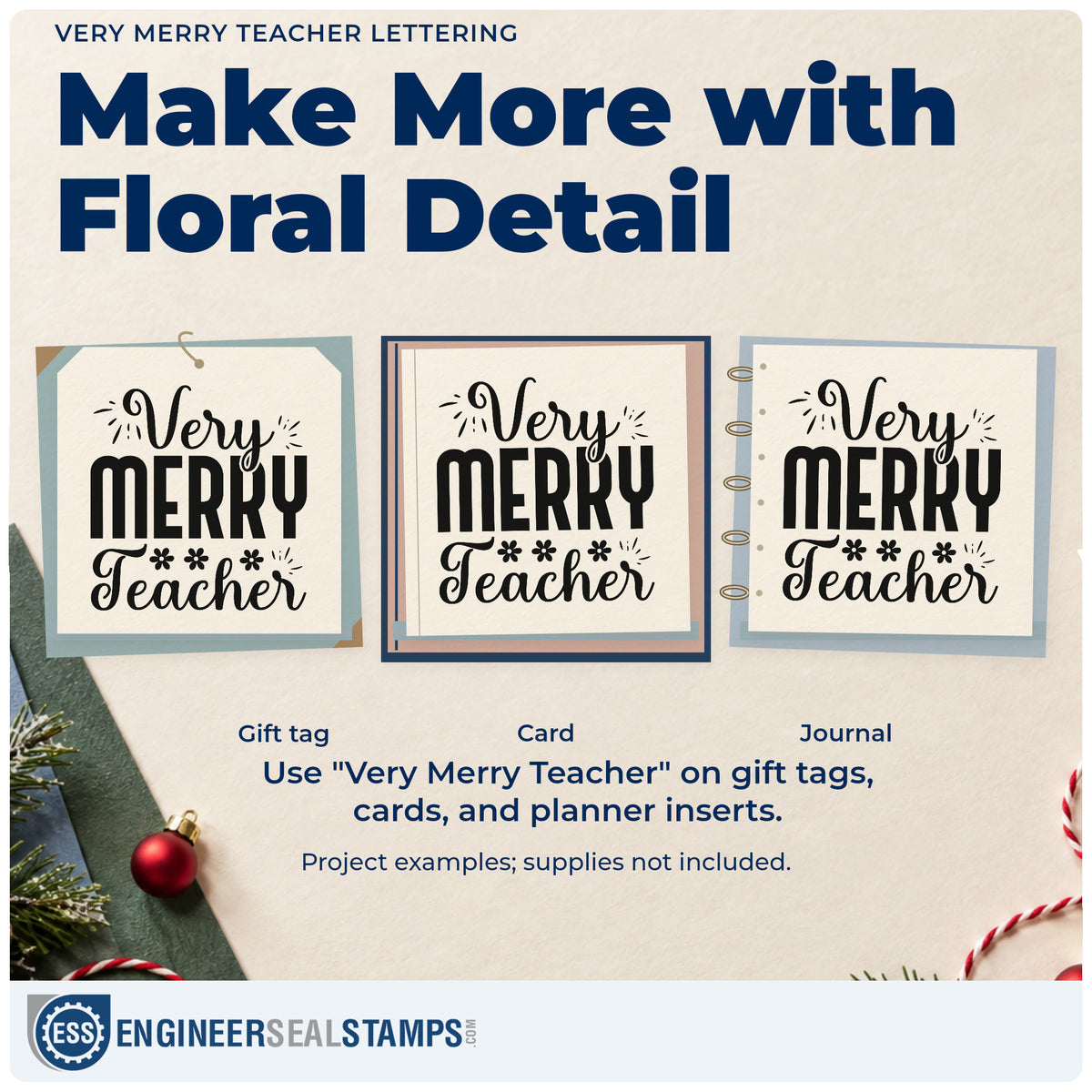 Three project examples made with the Very Merry Teacher Lettering Craft Stamp – Self-Inking, including mince pie labels.