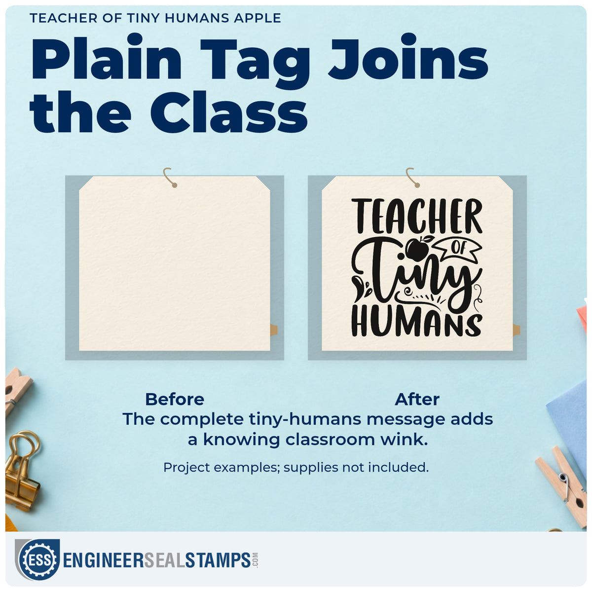 Before and after of a plain item finished with the Teacher Of Tiny Humans Apple Ribbon Lettering PSI Pre-Inked Stamp, a quick upgrade for gift box seals.