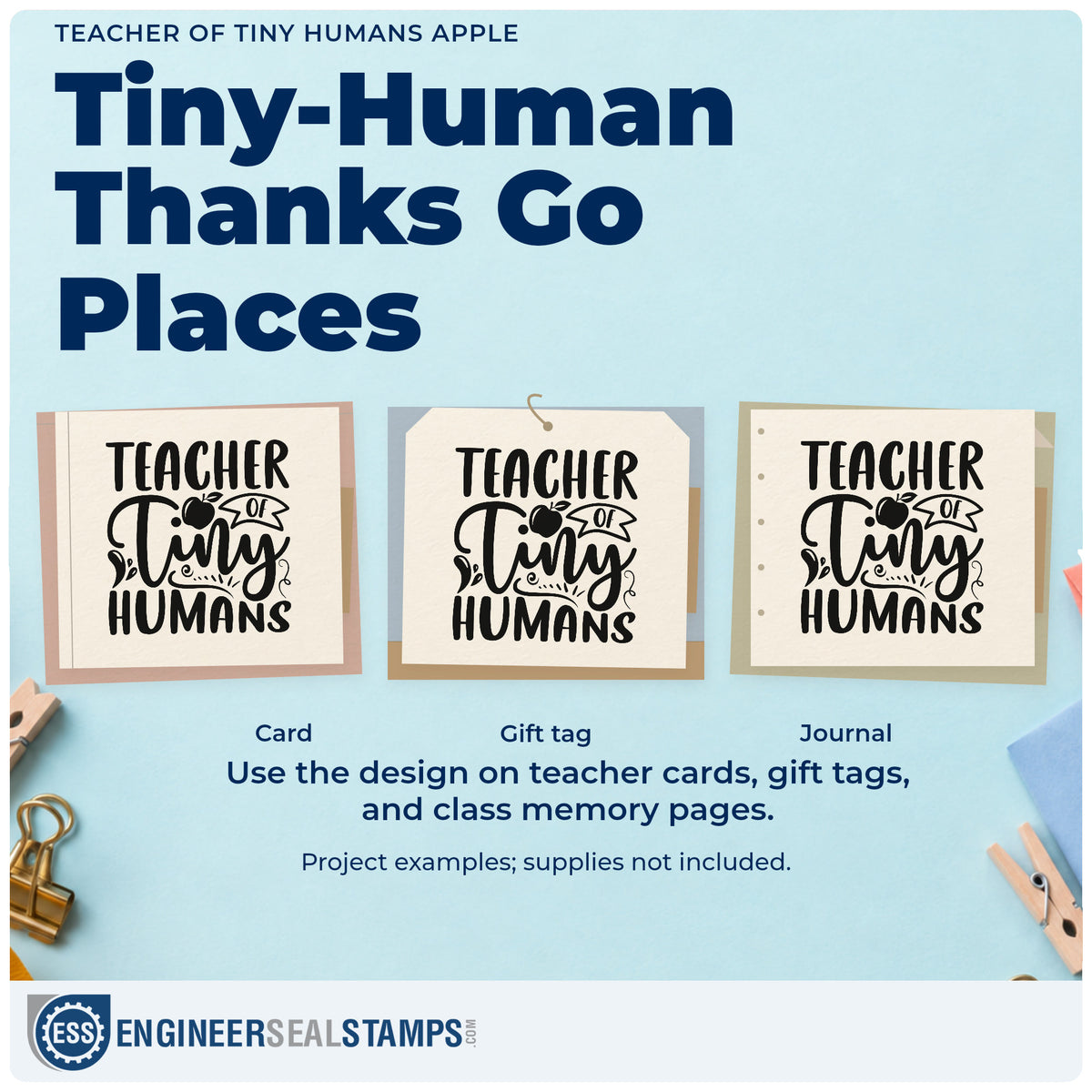 Three project examples made with the Teacher Of Tiny Humans Apple Ribbon Lettering Compact Pre-Inked Stamp – Slim, including bottle rack labels.