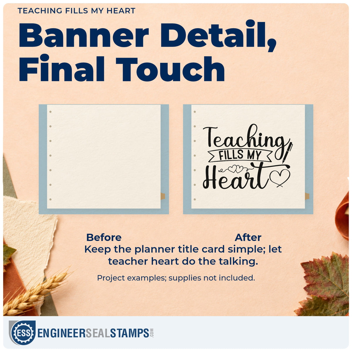 Before and after of a plain item finished with the Teaching Fills My Heart Ribbon Lettering Self-Inking Craft Stamp, a quick upgrade for posy stem seals.