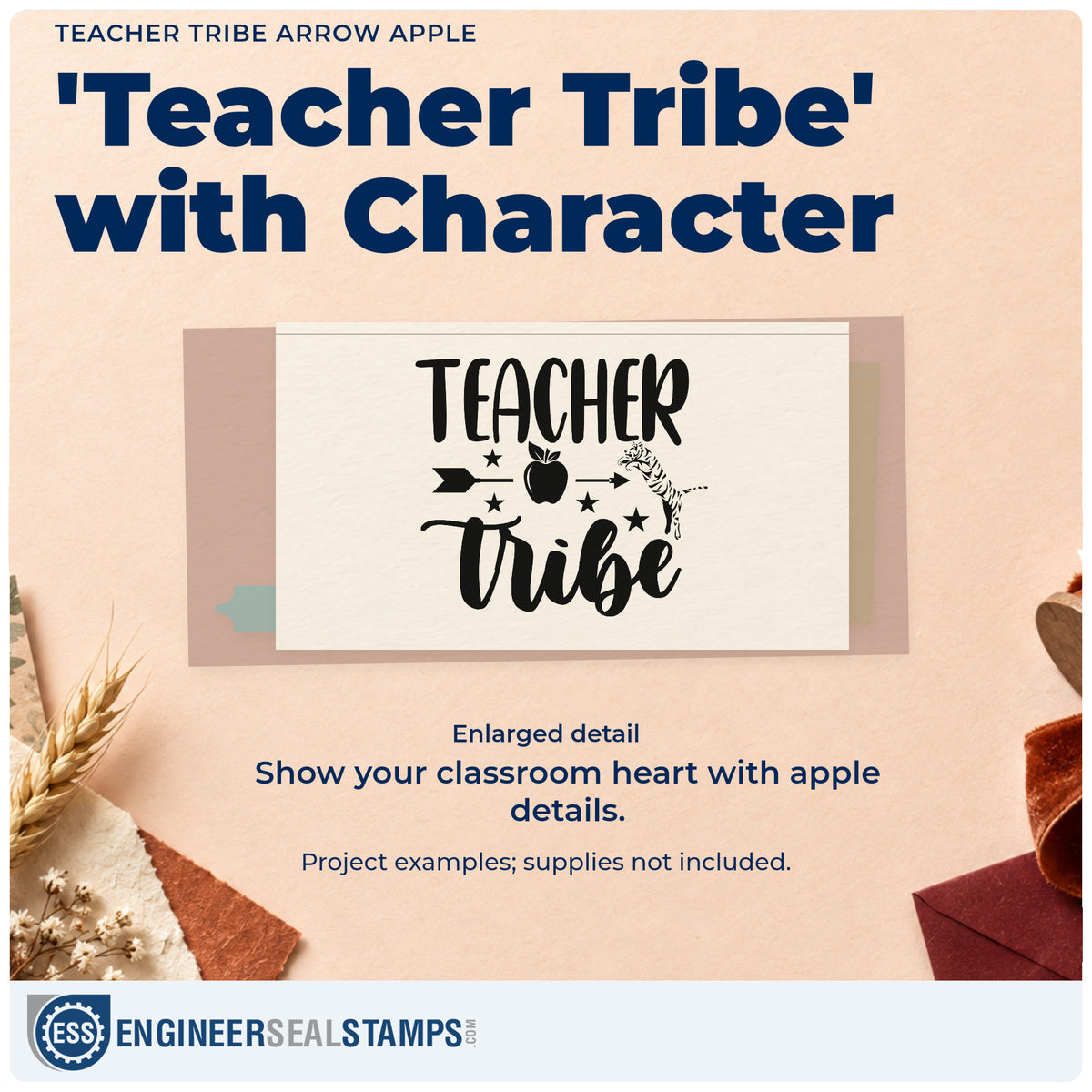 Enlarged detail of the Teacher Tribe Arrow Apple Wood-Mounted Rubber Stamp imprint. “Teacher Tribe” is accented with an arrow, apple, stars, and a patterned feather.