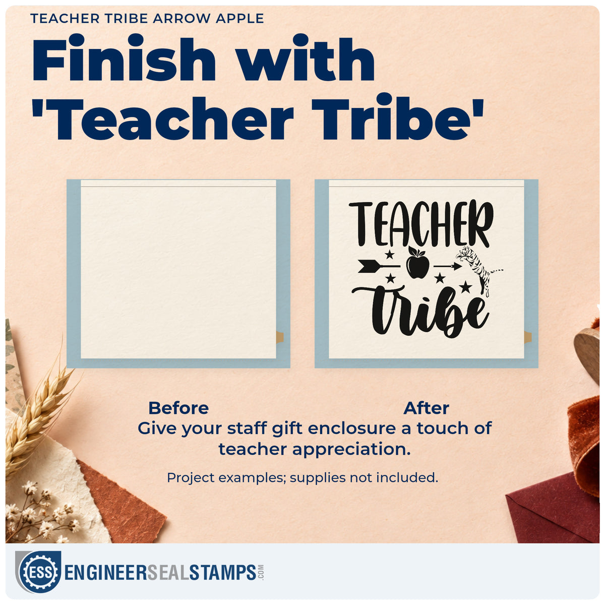 Before and after of a plain item finished with the Teacher Tribe Arrow Apple Wood-Mounted Rubber Stamp, a quick upgrade for den kit seals.