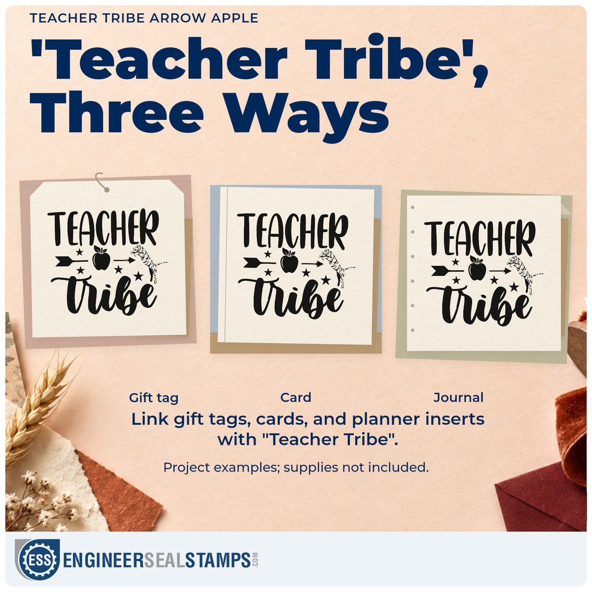 Three project examples made with the Teacher Tribe Arrow Apple Pre-Inked Stamp – Slim, including kit crate labels.