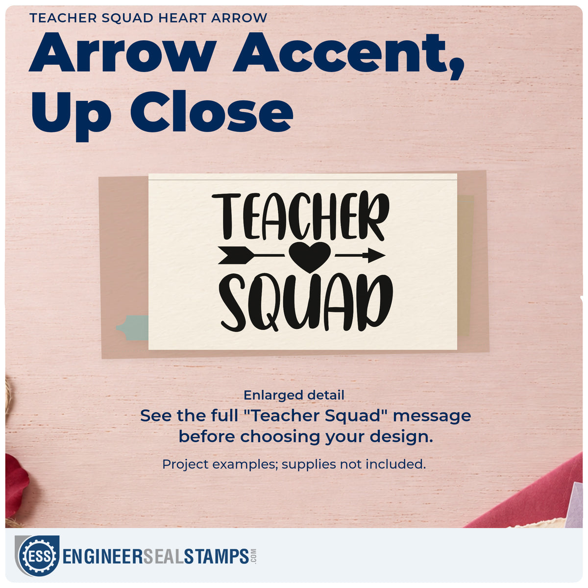 Enlarged detail of the Teacher Squad Heart Arrow Pre-Inked Stamp – PSI imprint. “Teacher Squad” is separated by a horizontal arrow with a heart at its center.
