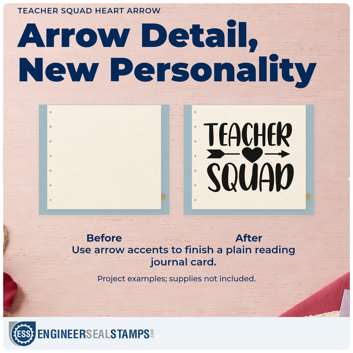 Before and after of a plain item finished with the Self-Inking Teacher Squad Heart Arrow Stamp, a quick upgrade for transfer pack seals.