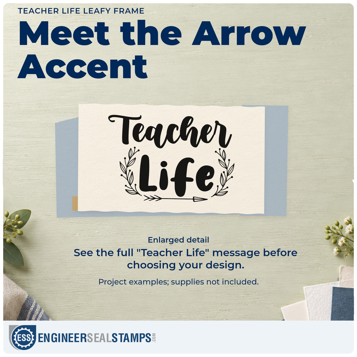 Enlarged detail of the Teacher Life Leafy Frame Rubber Stamp – Duo Hand imprint. “Teacher Life” is framed below by leafy sprigs and a small arrow.
