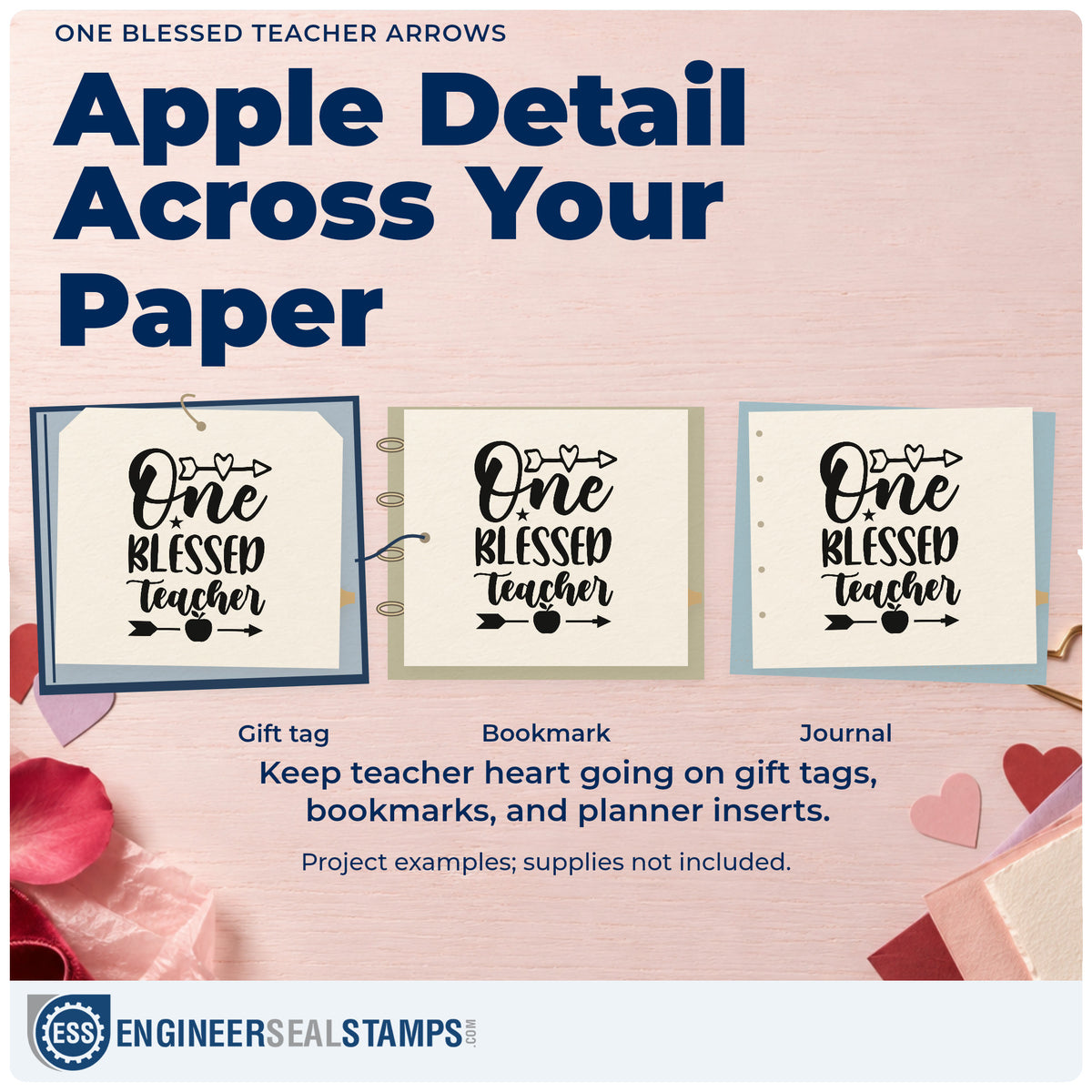 Three project examples made with the One Blessed Teacher Arrows Apple Stamp – PSI Pre-Inked, including produce crate labels.