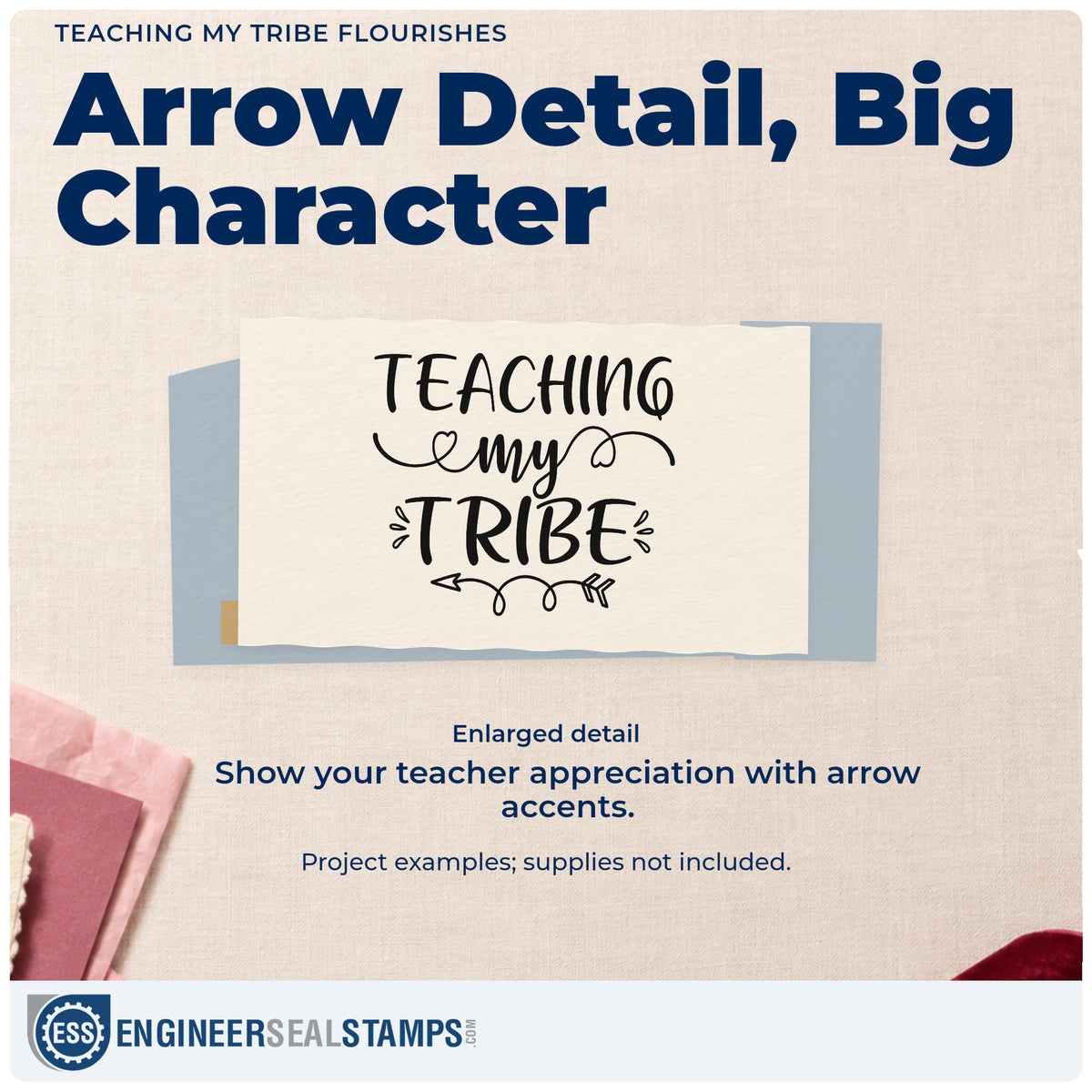 Enlarged detail of the Teaching My Tribe Flourishes Rubber Stamp – Wood Handle imprint. “Teaching My Tribe” features looping lines and a decorative arrow.