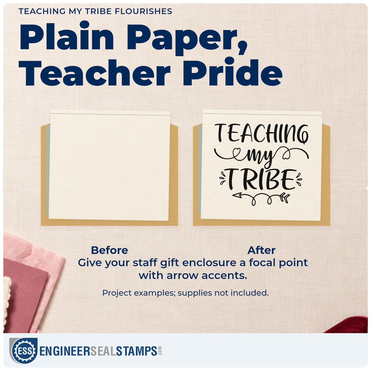 Before and after of a plain item finished with the Teaching My Tribe Flourishes Hand Stamp – Duo, a quick upgrade for charter pack seals.