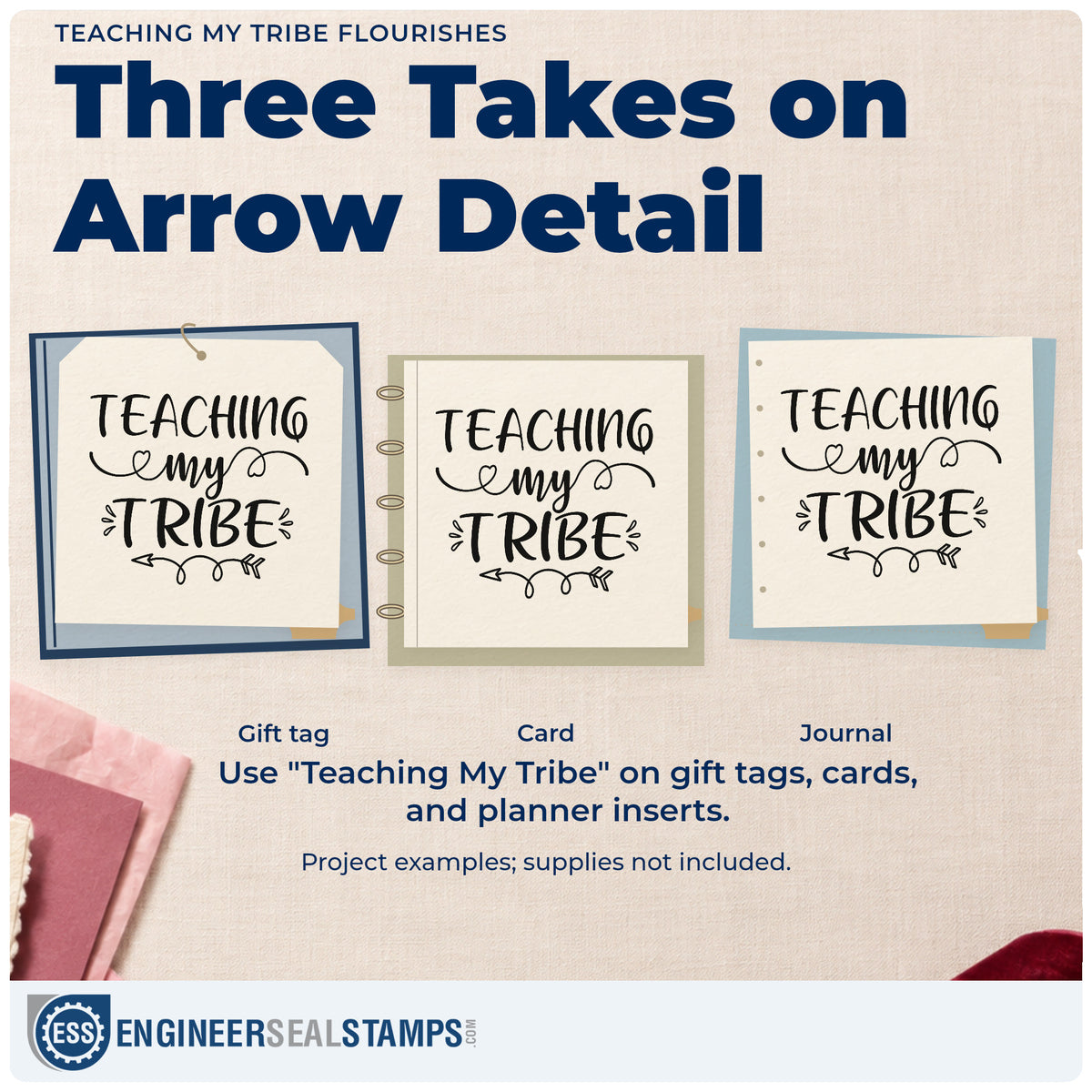 Three project examples made with the Teaching My Tribe Flourishes PSI Pre-Inked Stamp, including trophy base labels.