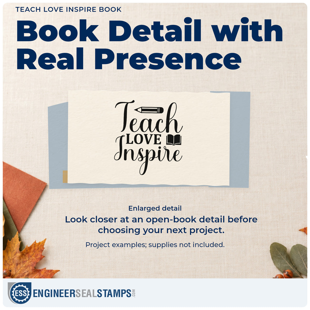 Enlarged detail of the Teach Love Inspire Book Premium Wooden Stamp – Vintage Pro imprint. “Teach Love Inspire” is accented with a horizontal pencil and open book.
