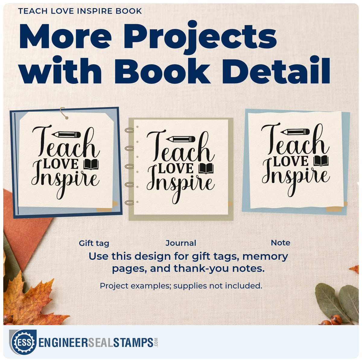 Three project examples made with the Teach Love Inspire Book Craft Stamp – Self-Inking, including genre crate labels.