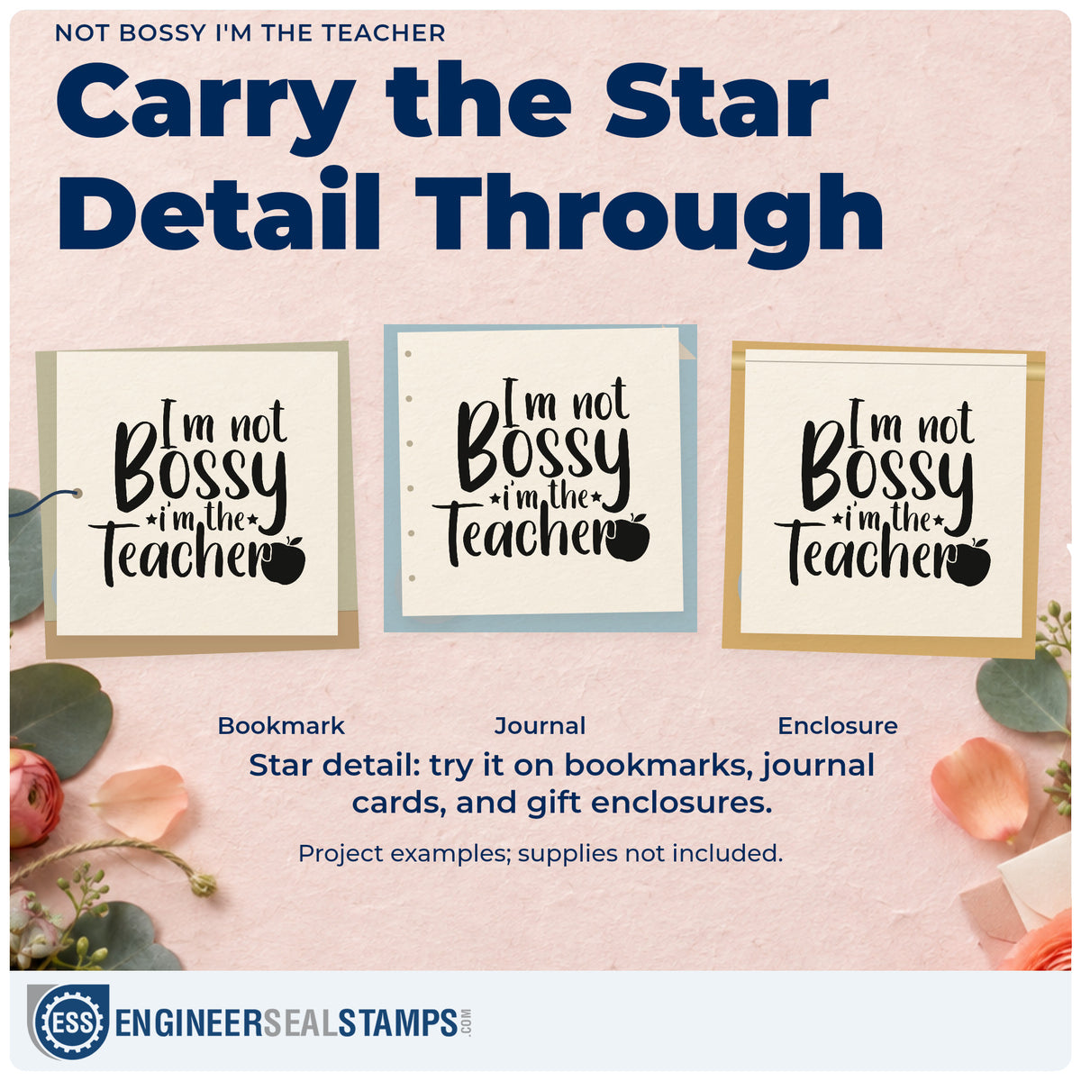 Three project examples made with the I'm Not Bossy I'm The Teacher Apple Rubber Stamp – Duo Hand, including cupboard key labels.