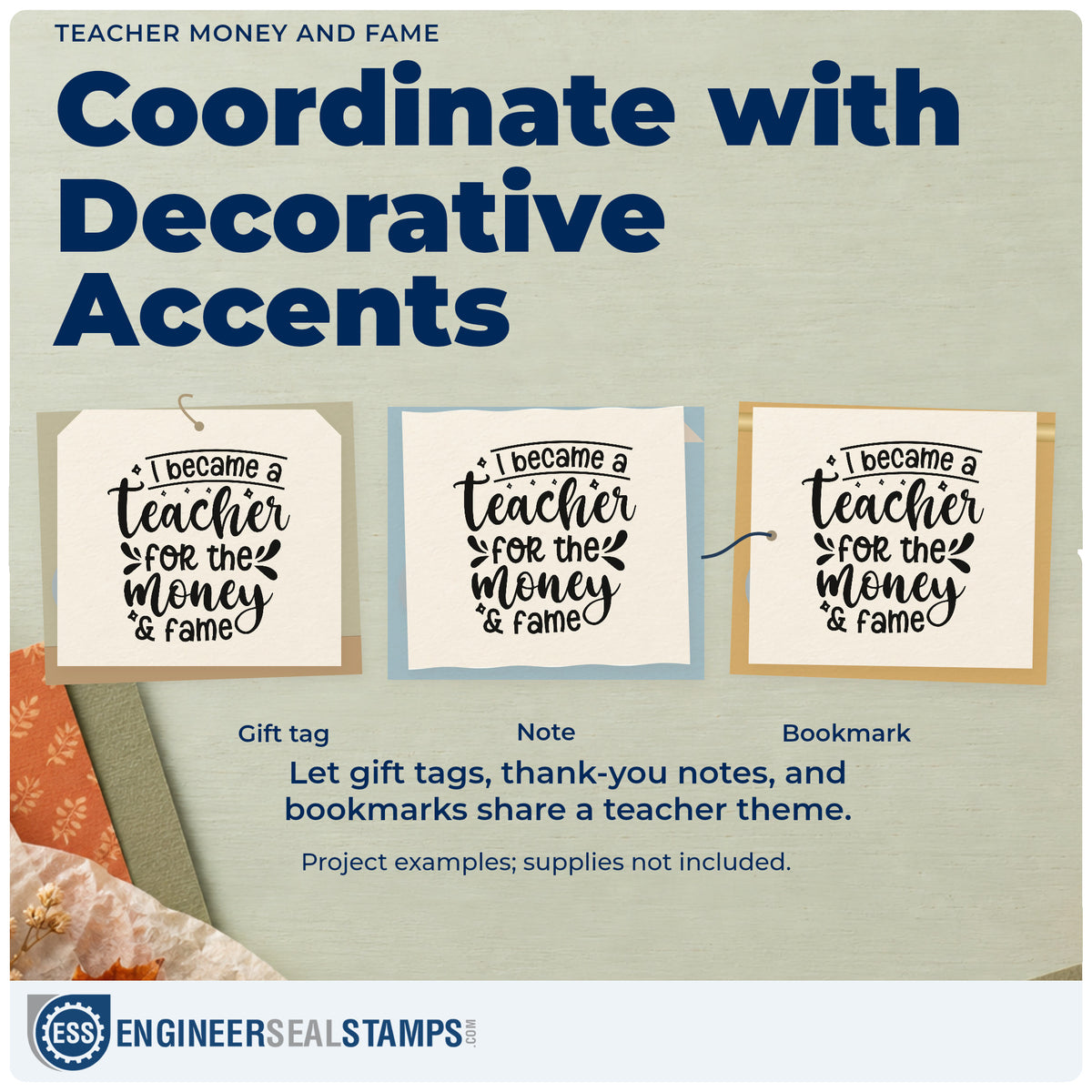 Three project examples made with the I Became A Teacher For The Money & Fame Duo Hand Stamp, including budget sheet pages.