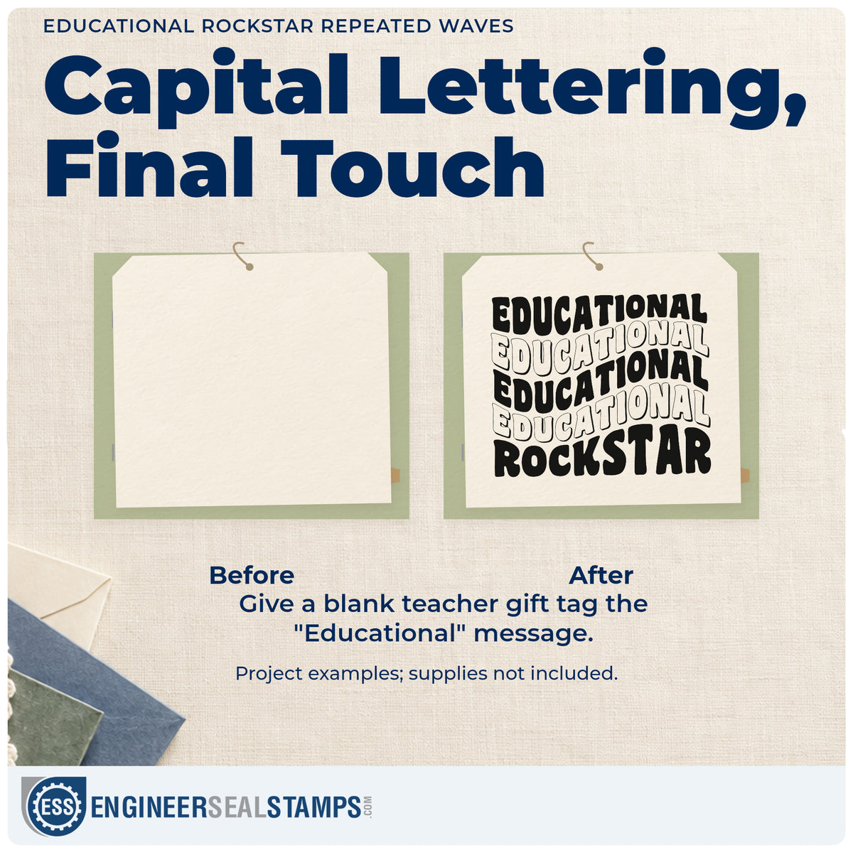 Before and after of a plain item finished with the Slim Pre-Inked Educational Rockstar Repeated Waves Stamp, a quick upgrade for program fold seals.