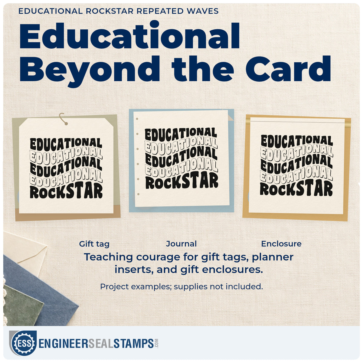 Three project examples made with the Educational Rockstar Repeated Waves Rubber Stamp – Duo Hand, including costume rail labels.