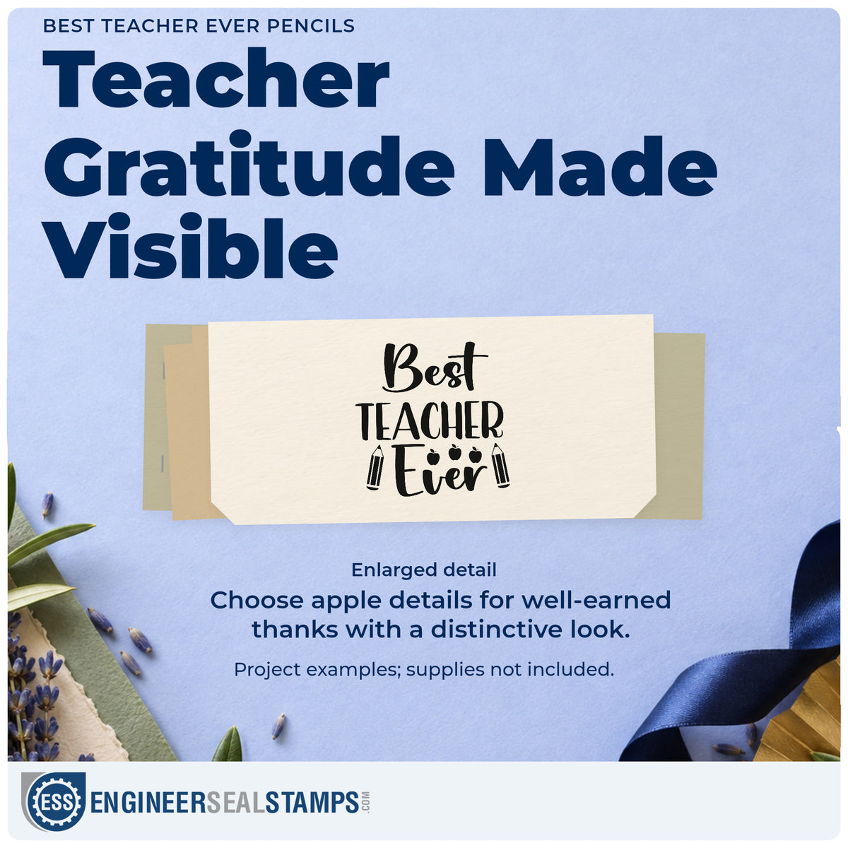 Enlarged detail of the Vintage Pro Best Teacher Ever Pencils Premium Wooden Stamp imprint. “Best Teacher Ever” features three small apples and pencils at either side.
