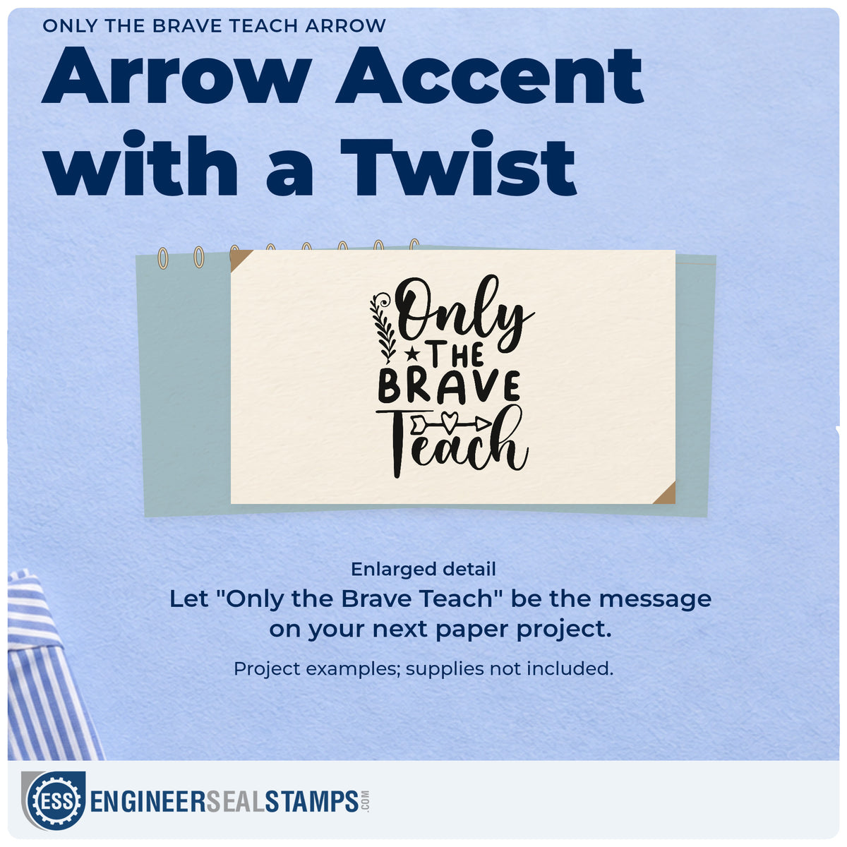 Enlarged detail of the Duo Hand Only The Brave Teach Arrow Botanical Sprig Rubber Stamp imprint. “Only the Brave Teach” includes a leafy sprig, star, and heart-centered arrow.