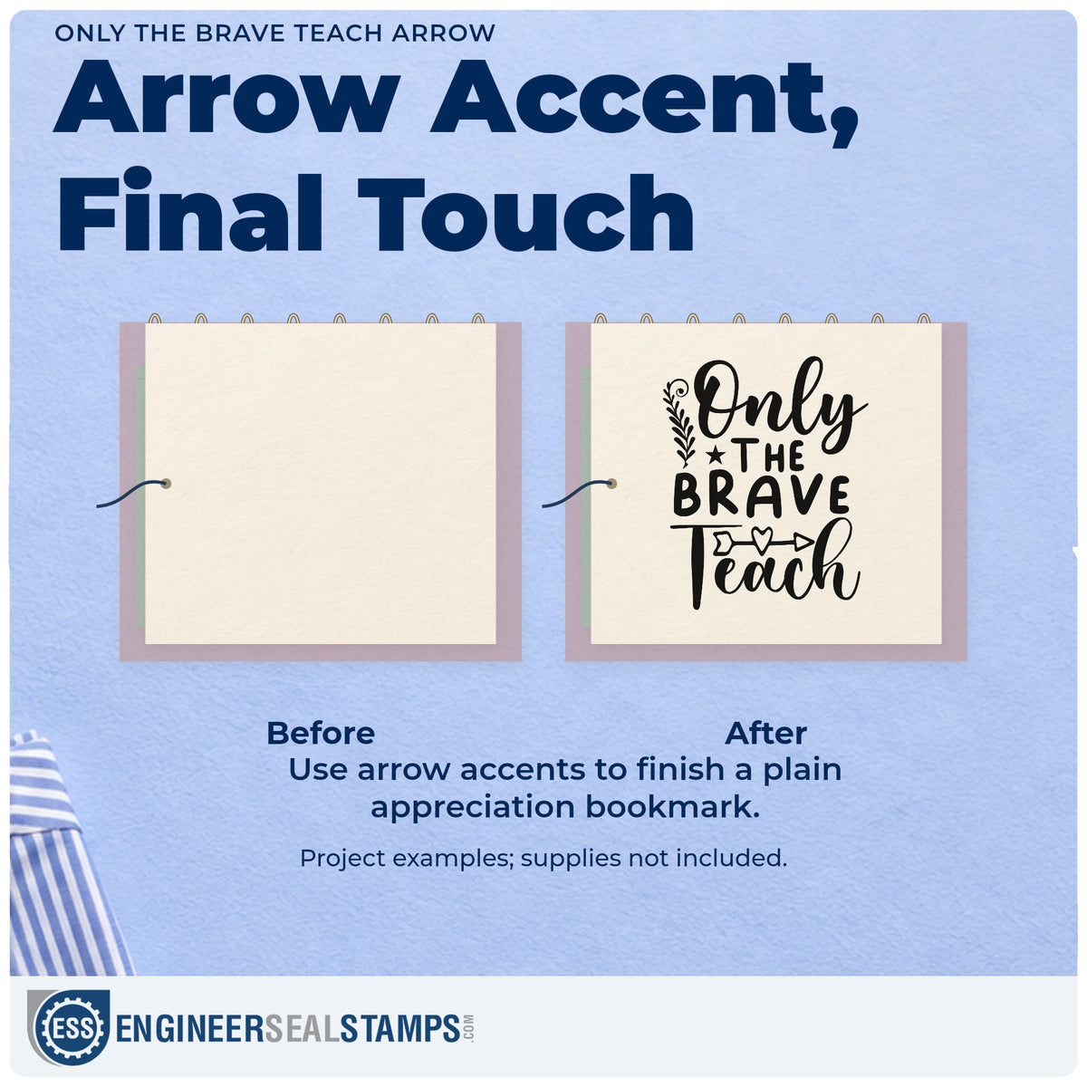 Before and after of a plain item finished with the Duo Hand Only The Brave Teach Arrow Botanical Sprig Rubber Stamp, a quick upgrade for review pack seals.